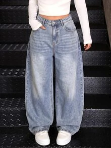 SHEIN 1 pieza de jeans de pierna ancha lavados para adolescentes - Lavado ligero - Ver 3