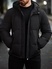 Manfinity Homme Men Zip Up Drawstring Hooded Padded Coat, Puffer - Black - View 6