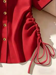 Resyla Chemise grande taille à cordon de serrage et boutons sur le devant - Rouge - Voir 4