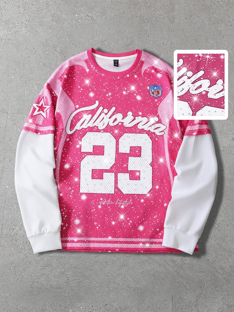 ROMWE MEN Street Life Áo thun nam họa tiết chữ phối màu đính đá rhinestone - Hồng - Xem 1