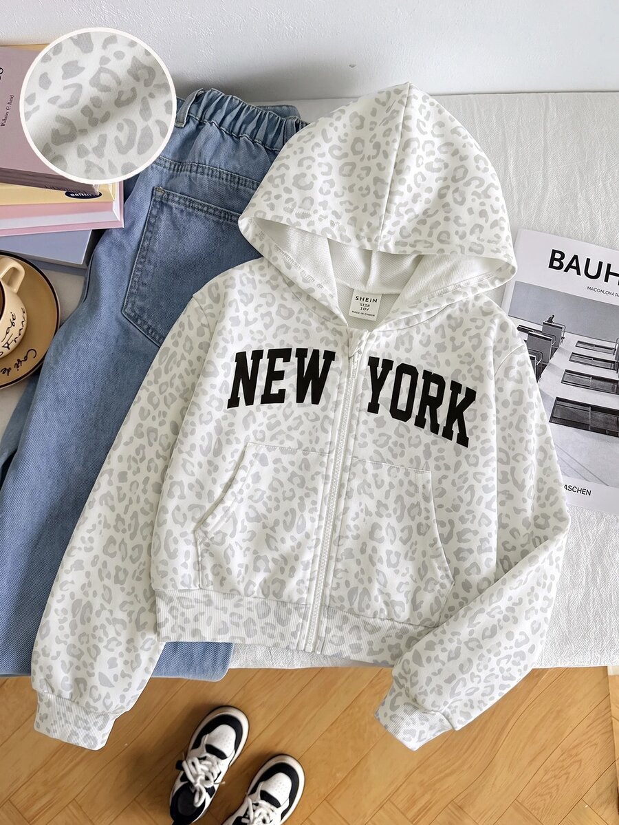 SHEIN 青少年女孩豹紋字母圖案袋鼠口袋拉鍊連帽衛衣 - 彩色 - 查看 1