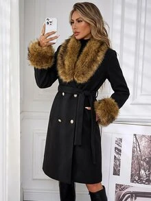 Lavishia Contrast Fuzzy Double Breasted Belted Overcoat - Multicolor - View 2