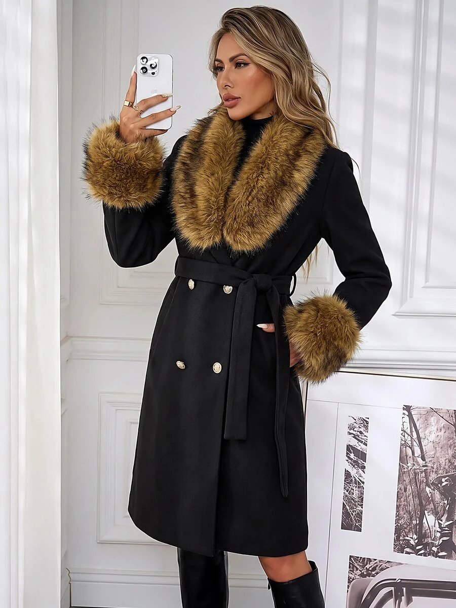 Lavishia Contrast Fuzzy Double Breasted Belted Overcoat