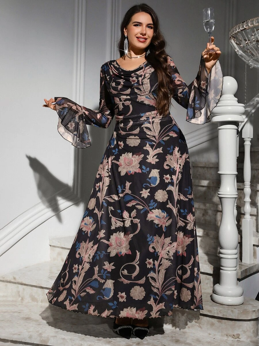 Reflora Plus Floral Print Flounce Sleeve Mesh Dress - Multicolor - View 1