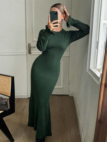 DAZY Tie Backless Ruffle Mermaid Hem Sweater Dress Fall - Green - View 4
