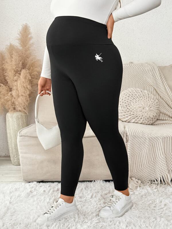 Plussiva Plus Size Maternity Embroidery Knight Pattern Adjustable Waist Leggings