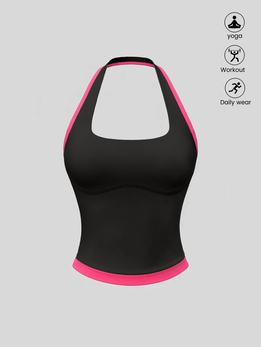 SHEIN Sweetro FeatherFit™-Cool 對比飾邊運動掛脖上衣 - 黑色 - 查看 1