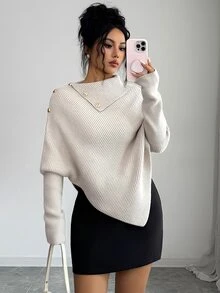 Elenzga 1pc Button Detail Batwing Sleeve Sweater - Apricot - View 7