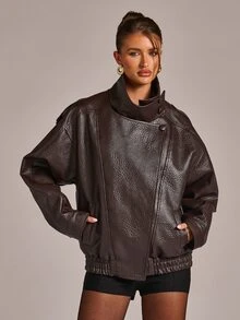 SHEIN BAE 落肩 PU 皮革夾克 - 咖啡棕 - 查看 6