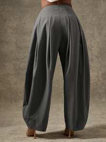 Vixey Solid Slant Pocket Fold Pleated Tapered Pants - Grey - View 4