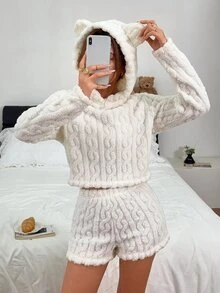 Napfluff 3D Ear Design Lingerie Teddy Hoodie & Bow Front Shorts Set - White - View 4