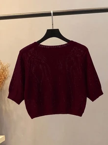 GlowEve 女款純色泡泡袖開襟短版輕量開襟衫 - 酒紅色 - 查看 2