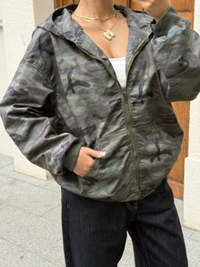 DAZY 迷彩印花拉鍊連帽牛仔夾克 - 軍綠色 - 查看 3