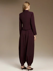 Ontre Solid Button Front Ruched Waist Blazer Tapered Pants Suit Set Office Dinner Corporate Burgundy Fall Elegant - Purple - View 4