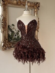 Lovelzi Elegant Coffee Brown Sequin Embroidered Feather Fringe Strapless Sweetheart Corset A Line Short Mini Prom Homecoming Cocktail Formal Evening Dress - Coffee Brown - View 5