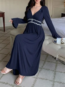 DAZY Contrast Lace Trim Flounce Sleeve Sleep Dress - Navy Blue - View 5