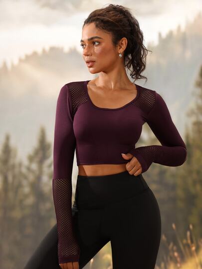 Exploreva Contrast Mesh Thumb Holes Crop Sports Tee