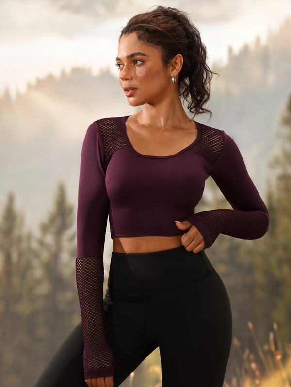 Exploreva Contrast Mesh Thumb Holes Crop Sports Tee