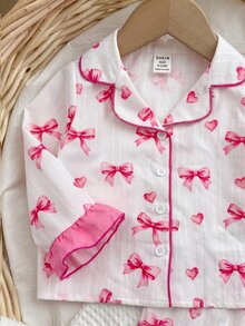 SHEIN Conjunto de pijama para niña bebé con estampado de lazos, ribete de contraste y volantes - Blanco - Ver 12