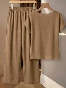 SHEIN Clasi 純色蝙蝠袖上衣與長褲套裝 - 駝色 - 查看 2
