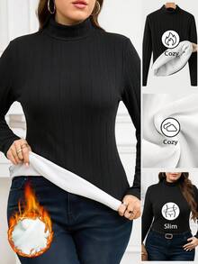 Chikora Camiseta térmica de cuello alto lisa para otoño e invierno, talla grande - Negro - Ver 9