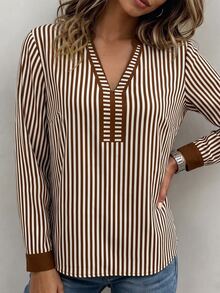 Breezaya Striped Print Notched Neck Blouse - Multicolor - View 3