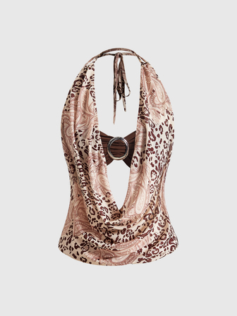 Hippie Top con cuello halter y frente drapeado con estampado de leopardo