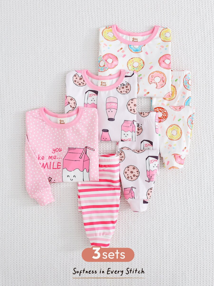 Cozy Pixies Baby Girl 1pc Donut & Letter Graphic Contrast Binding Tee & 1pc Pants PJ Set - Multicolor - View 1