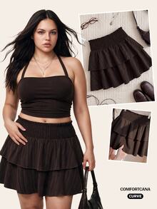 Comfortcana Plus Solid Elastic Waist Ruffle Hem Skirt Fall - Brown - View 1