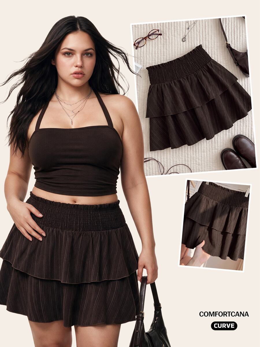 Comfortcana Plus Solid Elastic Waist Ruffle Hem Skirt Fall - Brown - View 1