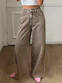 DAZY Celana Jeans Pinggang Tinggi dengan Potongan Lebar untuk Liburan Musim Gugur - Khaki - View 2
