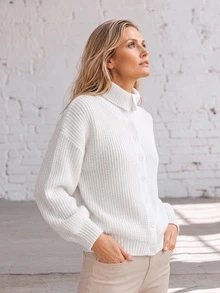 Faunlyn Cardigan Model Bahu Jatuh dengan Kancing Depan, Pakaian Musim Gugur untuk Wanita, Busana Musim Dingin untuk Wanita, Sweater Musim Gugur dan Musim Dingin untuk Wanita - Putih - View 6