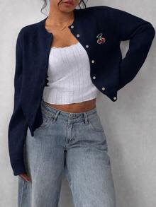 SHEIN BASICS 櫻桃刺繡前開扣開襟衫 - 彩色 - 查看 5