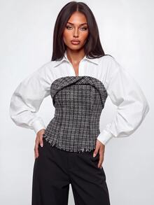 Avantive Women Blouses Shirts Night Out Brunch Office Date Night White Autumn Tweed Sexy Elegant Casual Faux-Layered Shirt - Black and White - View 4