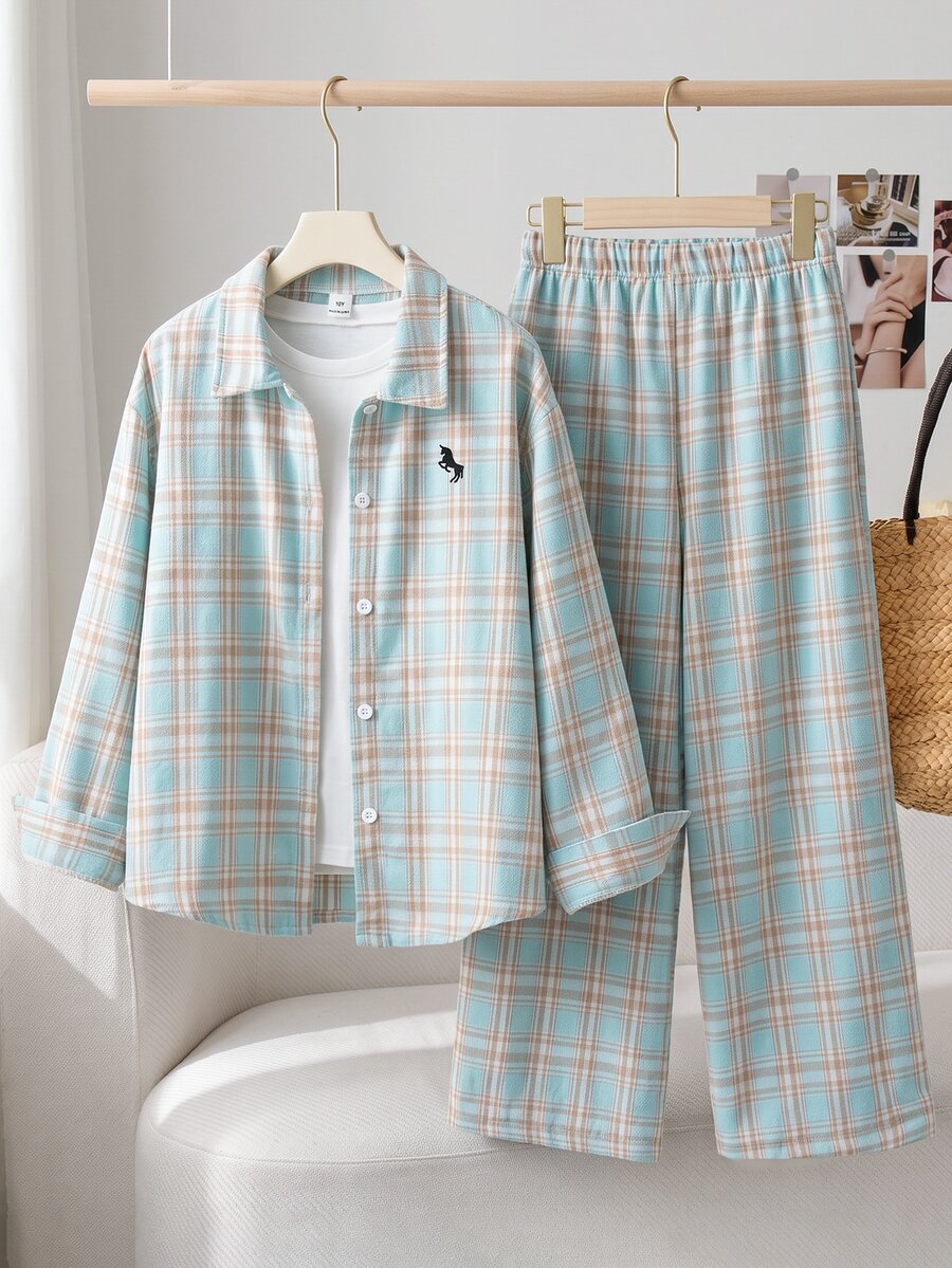 SHEIN Koordinat Kemeja Anak Perempuan Remaja - Biru - View 1