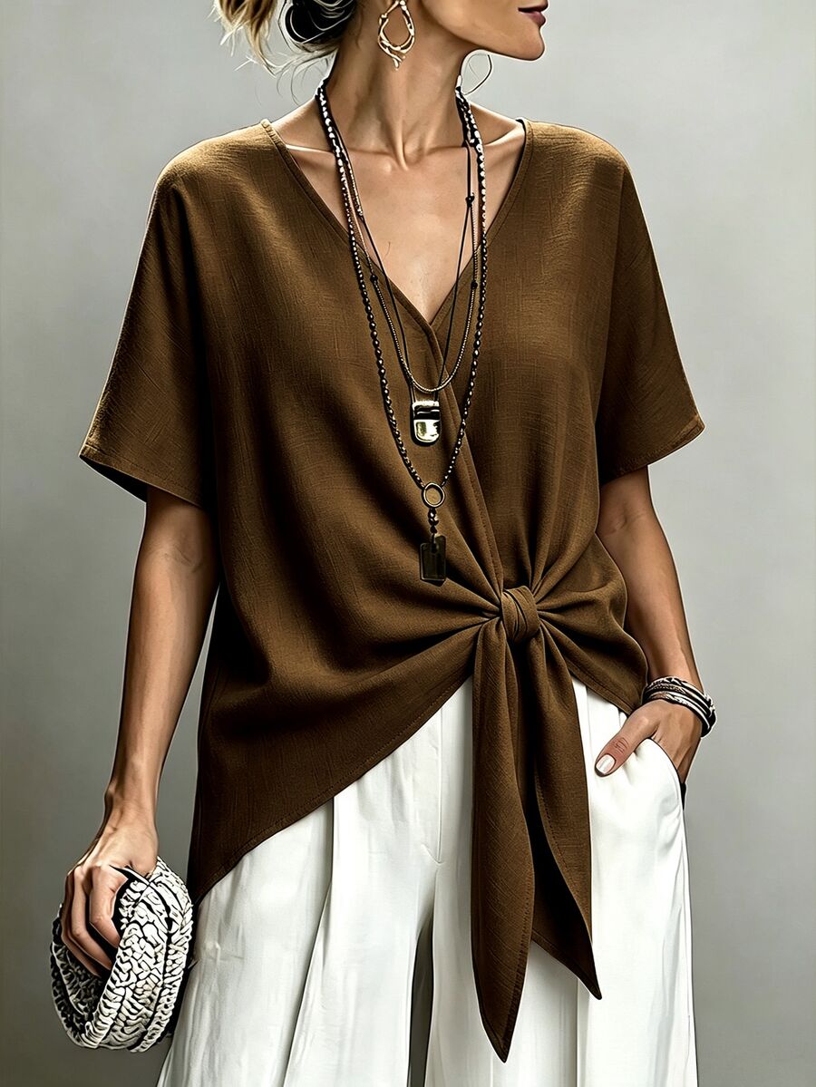 Linhara CURVE Blusa de talla grande con nudo delantero de color sólido - Marrón - Ver 1