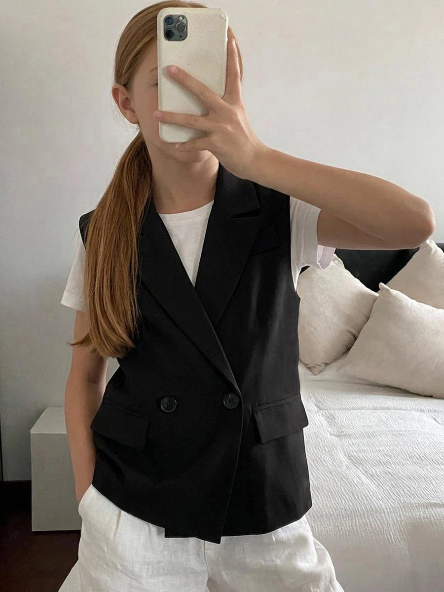 DAZY Tween Girl 1pc Solid Lapel Neck Vest Jacket Fall - Black - View 1
