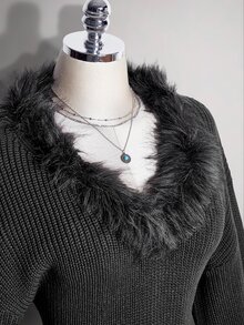 SHEIN ICON Plus Fuzzy Trim Lantern Sleeve Sweater Dress - Dark Grey - View 7