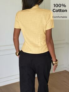 Siren Gaze Solid Button Front Crop Shirt - Light Yellow - View 6