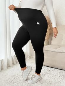 Plussiva 大尺碼孕婦刺繡騎士圖案可調腰緊身褲 - 黑色 - 查看 6