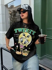 LOONEY TUNES X SHEIN Plus Size Cartoon & Letter Graphic Washed Tee - White - View 3