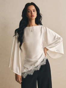 SHEIN Tall CURVE Plus Lace Trim Trumpet Sleeve Satin Blouse Fall - White - View 4