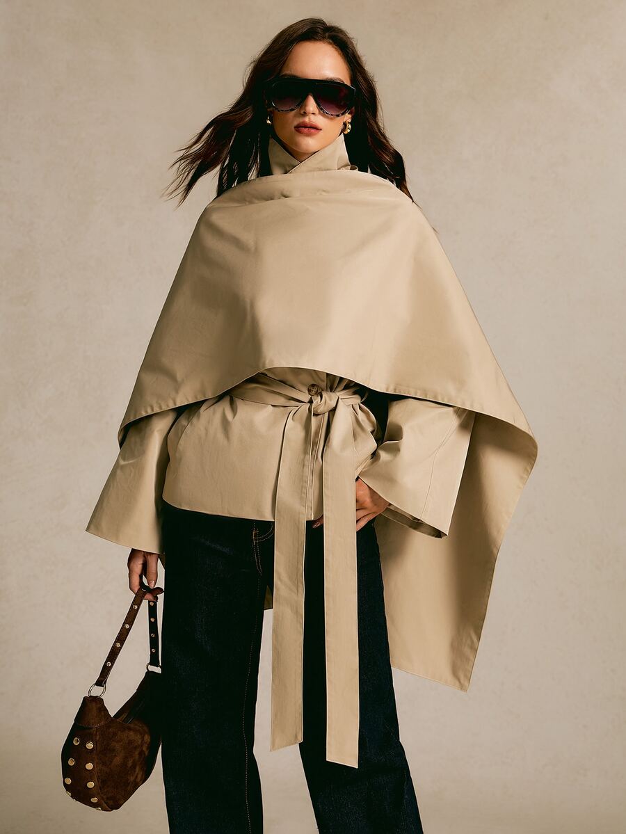 COSMINA Cloak Sleeve Belted Trench Coat - Khaki - View 1