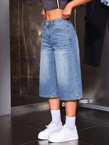 SHEIN ICON 1件漂白水洗寬腿牛仔褲 - 藍色 - 查看 6