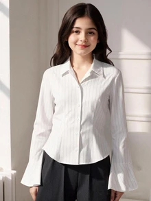 SHEIN 青少年女孩冬季上衣襯衫 教師節 白色 學生 優雅街頭風 假日休閒 舒適 校園 六年級 正式 海灘 - 白色 - 查看 2