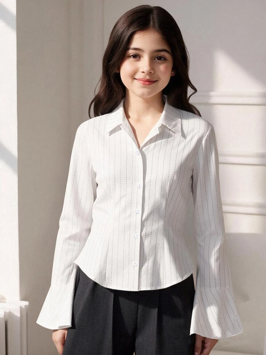 SHEIN 青少年女孩冬季上衣襯衫 教師節 白色 學生 優雅街頭風 假日休閒 舒適 校園 六年級 正式 海灘