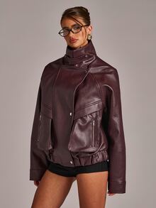 SHEIN BAE Jaket Kulit PU dengan Resleting - Burgundy - View 7