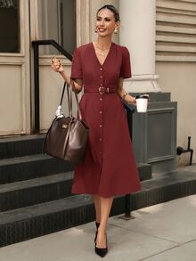 Editum V Neck Button Front Midi Dress - Red - View 6