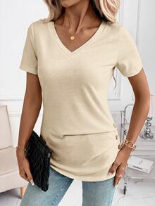 SHEIN Clasi Camiseta de cuello en V con detalle de botones de color sólido - Albaricoque - Ver 6