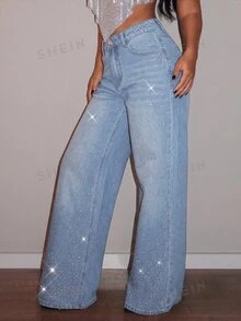 SHEIN Tall High Waist Rhinestone Wide Leg Jeans - Light Wash - View 8